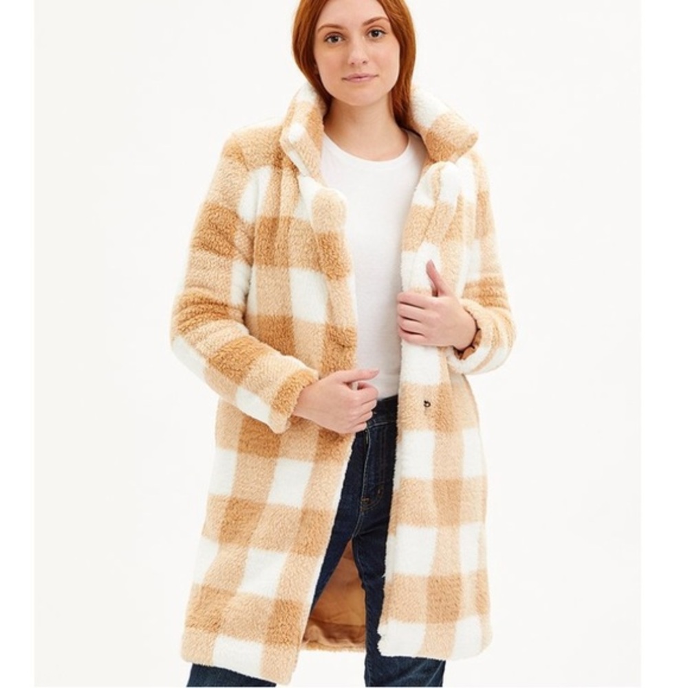 NWT Steve Madden Khaki & White Buffalo Check Faux Sherpa Coat Woman Size Large